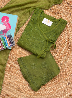 Kuhu Olive Green - Dobby Cotton Angarakha Style Chikankari Kidswear Set