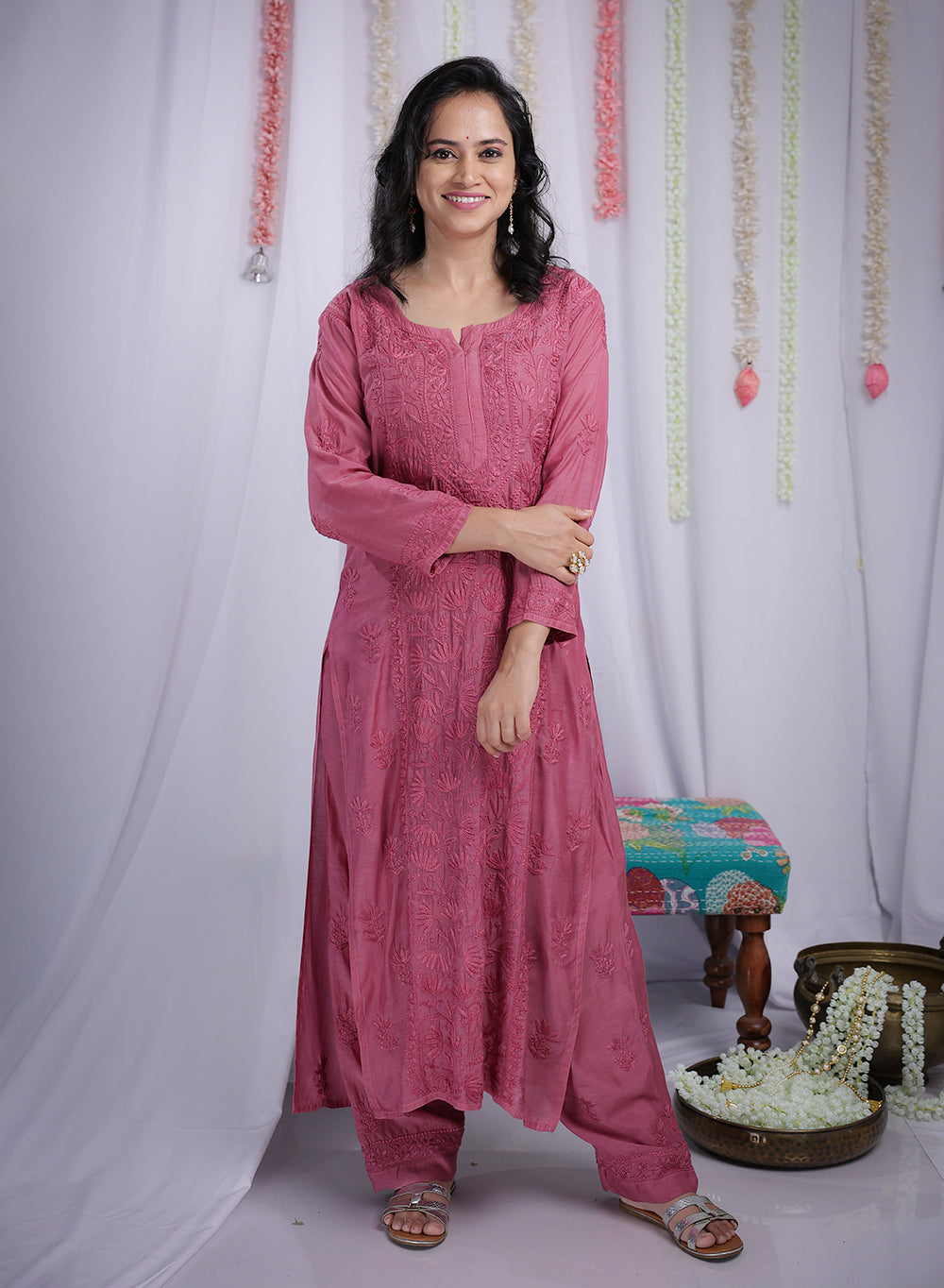 Saroj Onion Pink -  Muslin Nargis Chikankari Set