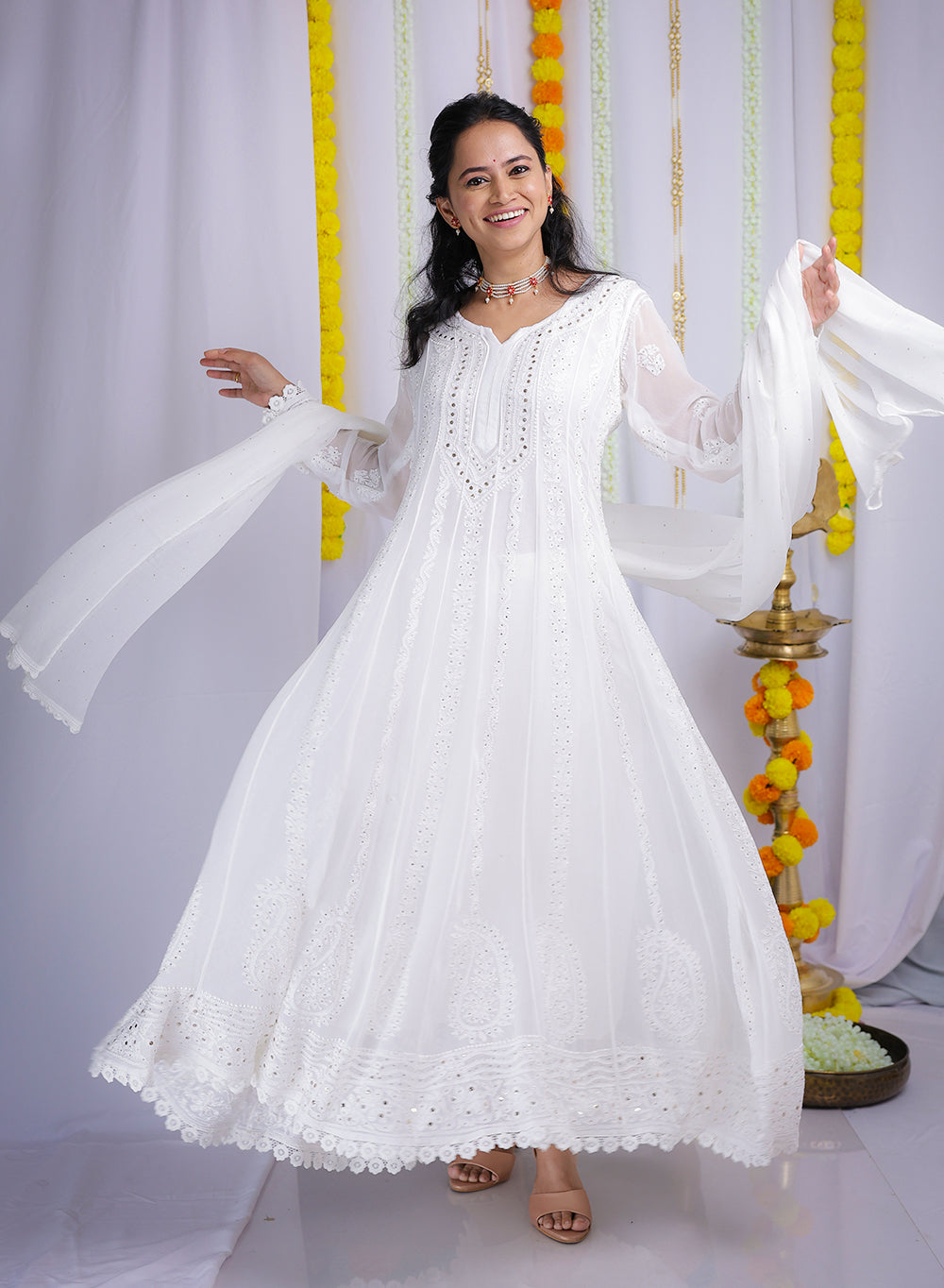 Ibadat White - Viscose Anarkali & Dupatta Nargis Chikankari Set