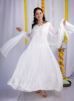 Ibadat White - Viscose Anarkali & Dupatta Nargis Chikankari Set