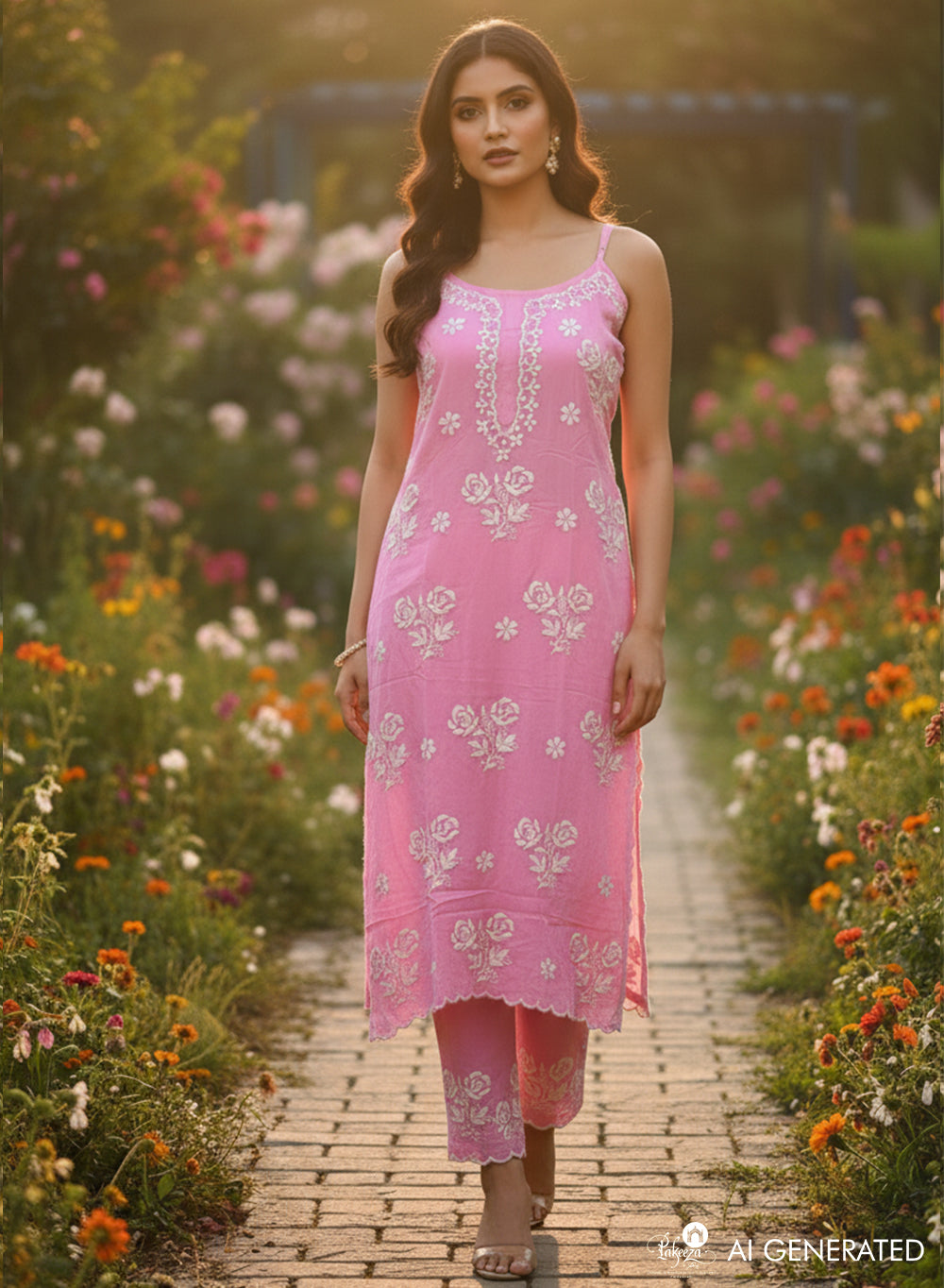 Kala Pink - Nargis Chikankari Rayon Noodle Strap Kurta & Palazzo Set