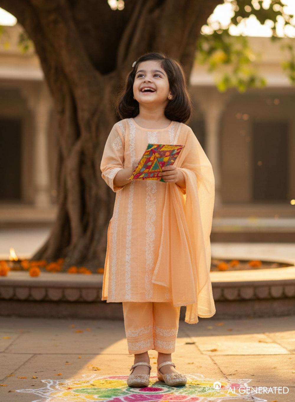 Titli Light Orange - Cotton Chikankari Kidswear Set