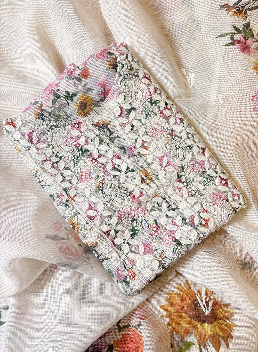 Pink & Yellow Multi-coloured  - Nayaab Katdana Kota Printed Chikankari Full Dress Set