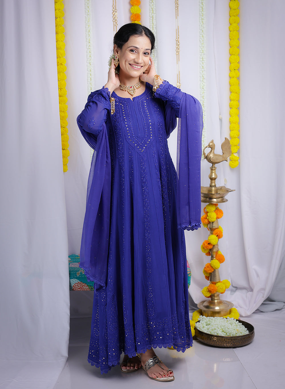 Ibadat Royal Blue - Viscose Anarkali & Dupatta Nargis Chikankari Set