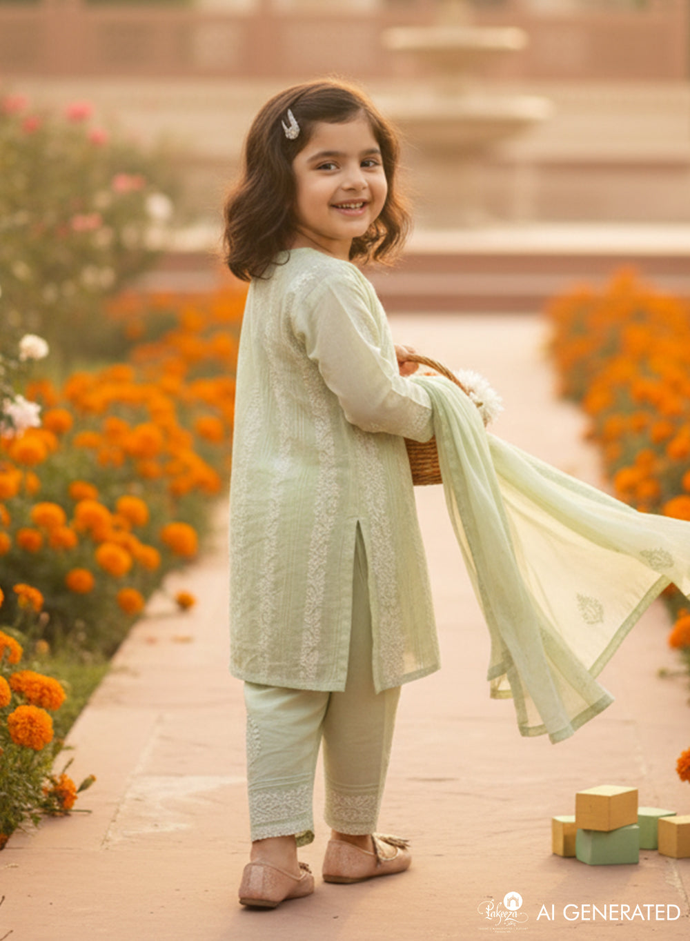 Titli Sage Green - Cotton Chikankari Kidswear Set
