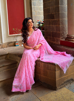 Baby Pink Self Thread - Aks Georgette Chikankari Saree
