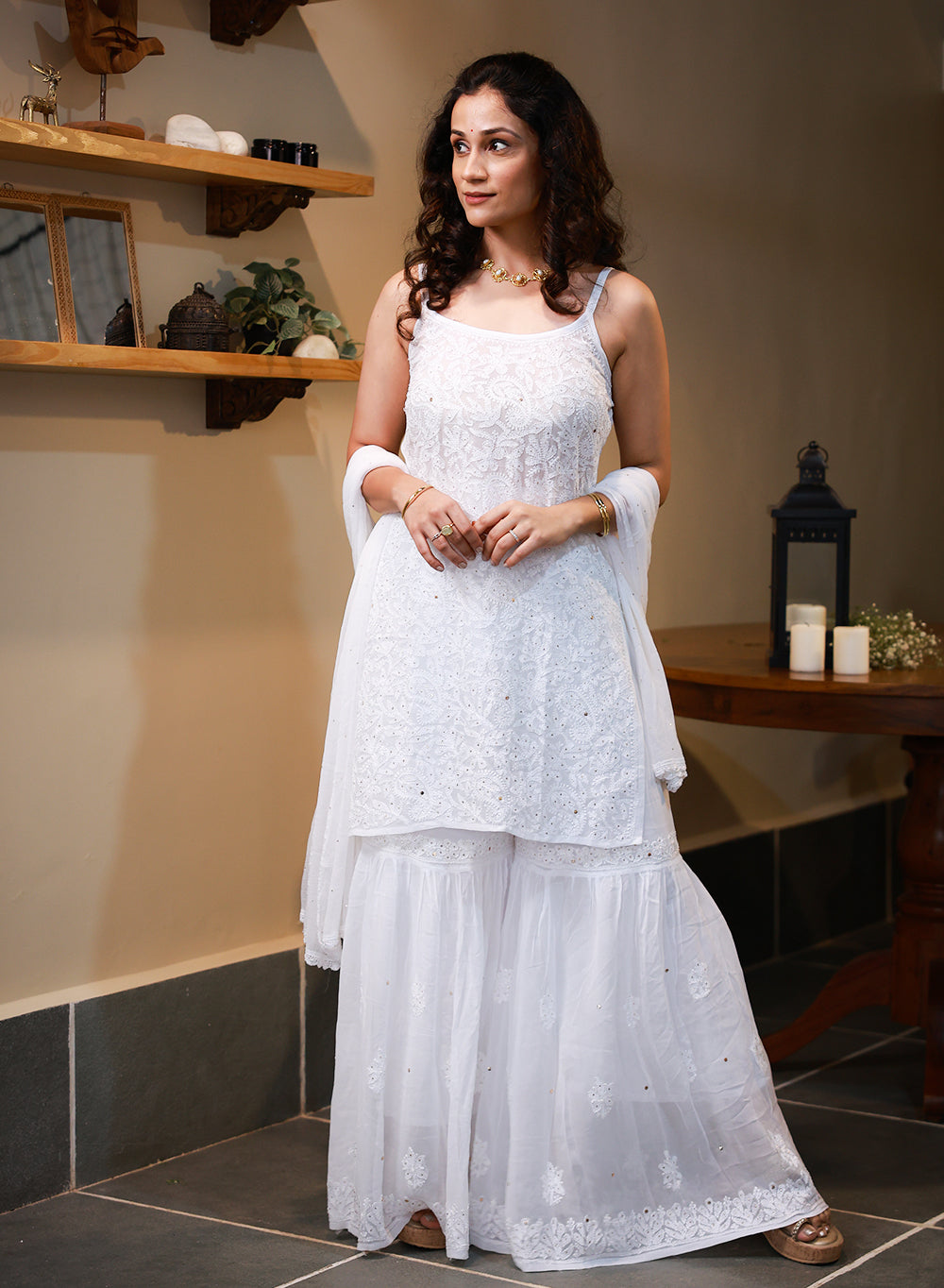 Kanak White - Nargis Viscose Noodle Strap Chikankari Kurta & Gharara Set