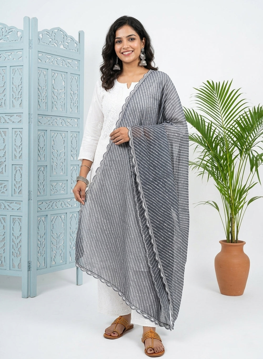 Grey Lehariya - Nazm Kota Cotton Chikankari Dupatta
