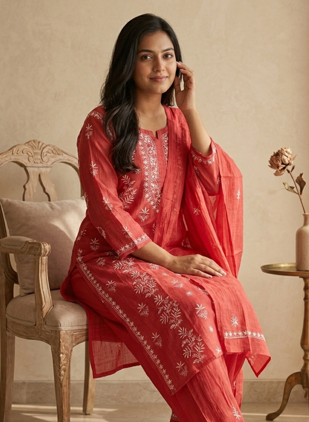 Coral - Mul Chanderi Nargis Chikankari Set