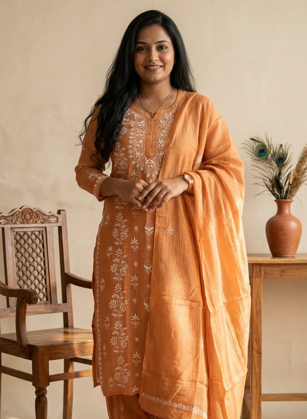 Orange - Mul Chanderi Nargis Chikankari Set