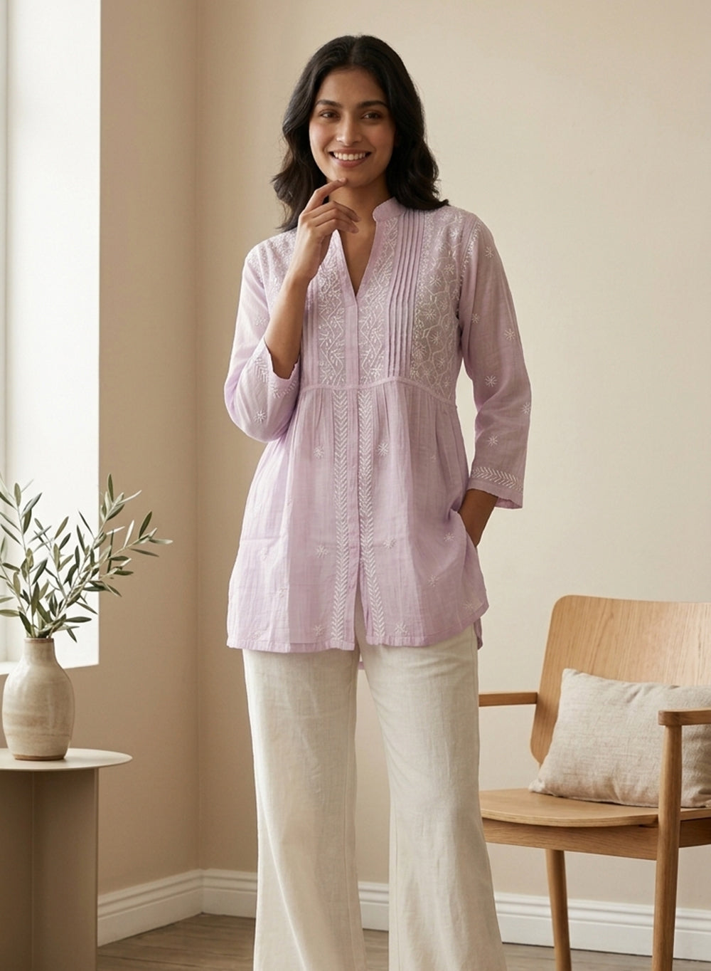 Lavender - Gulshan Mul Chanderi Chikankari Short Top
