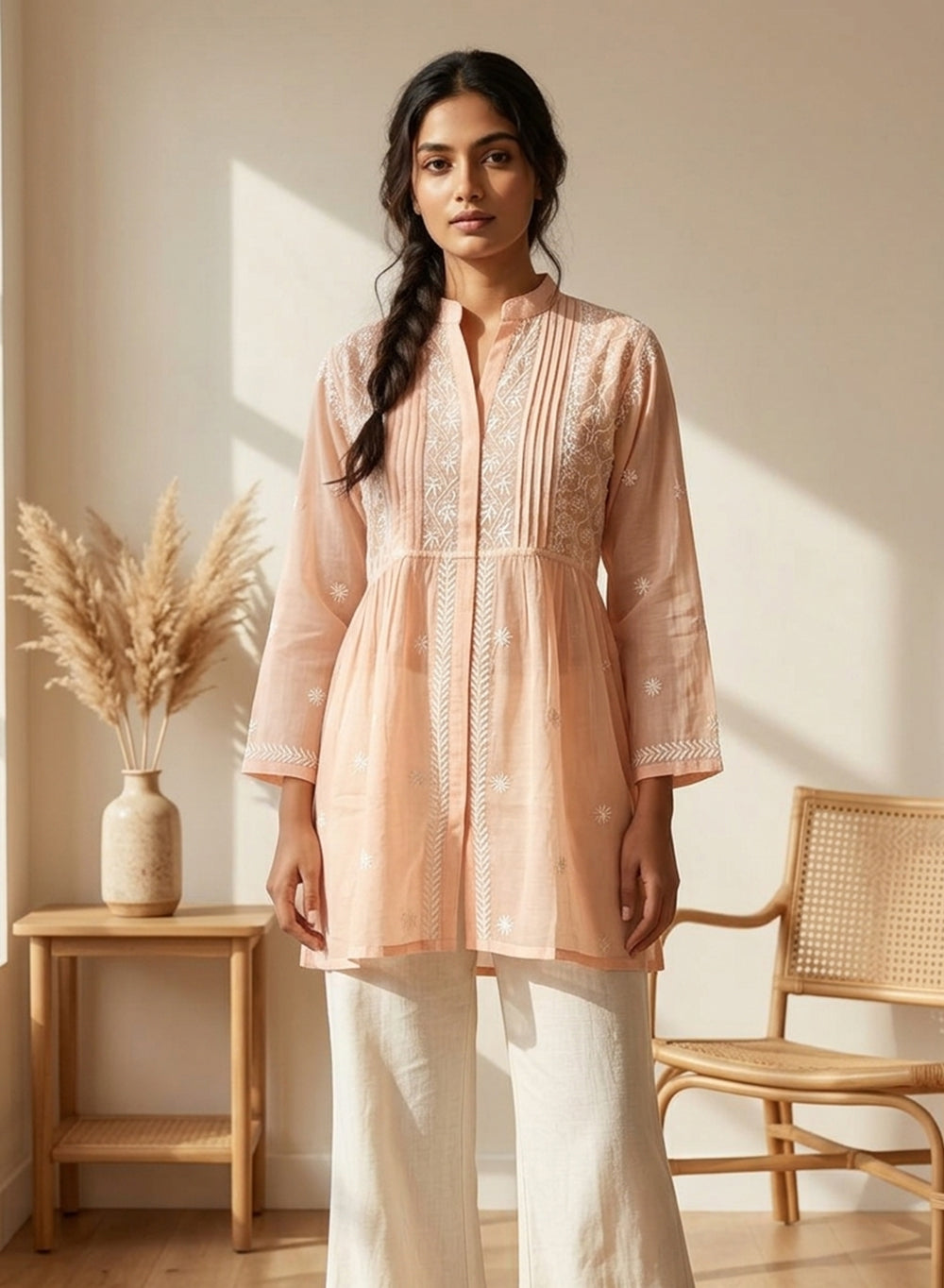 Peach - Gulshan Mul Chanderi Chikankari Short Top