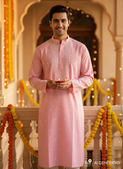 Baby Pink - Nawab Cotton Chikankari Men Long Kurta