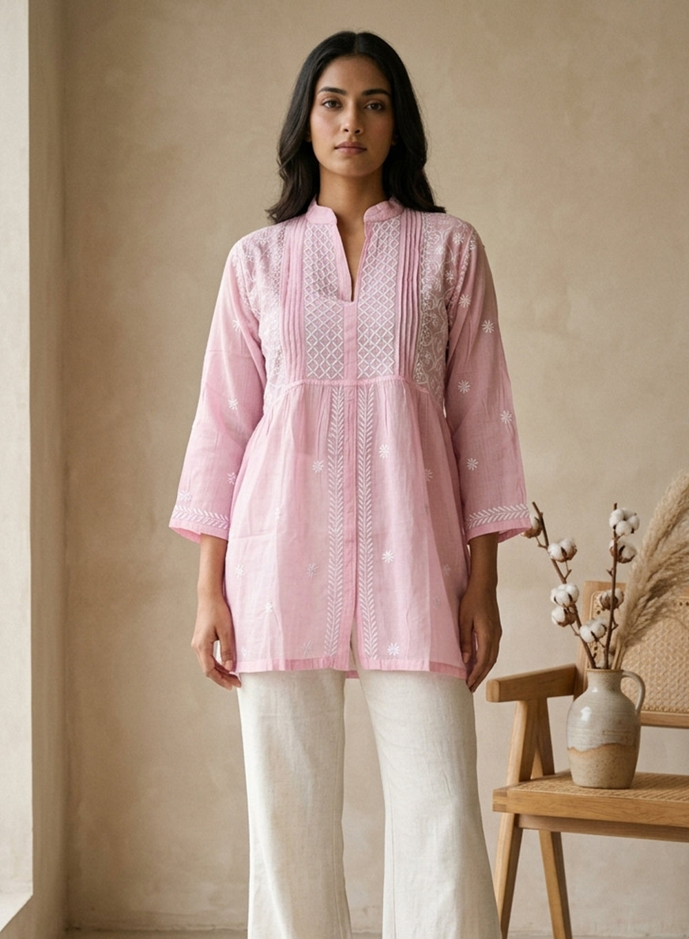 Baby Pink - Gulshan Mul Chanderi Chikankari Short Top
