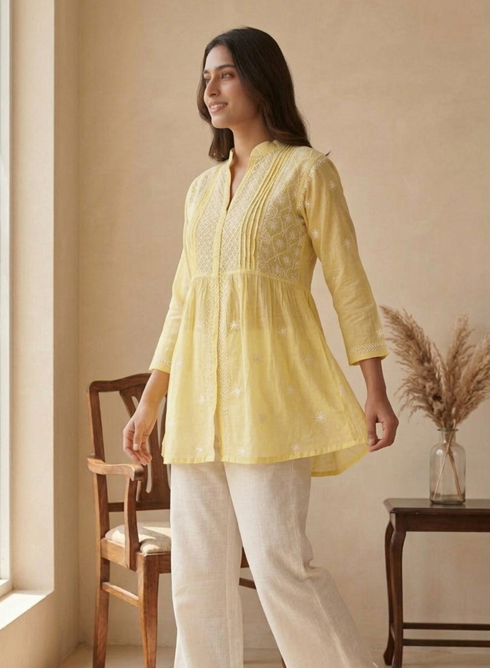 Lime - Gulshan Mul Chanderi Chikankari Short Top