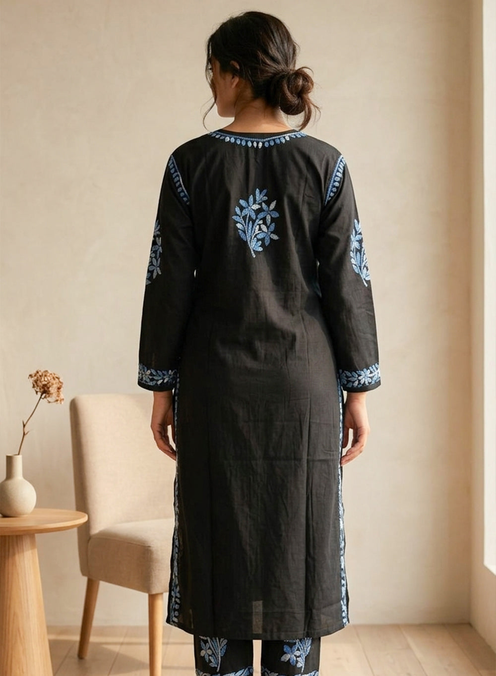 Sham - Pure Cotton Nargis Chikankari Co-ords Set With Blue Ombre Thread Embroidery