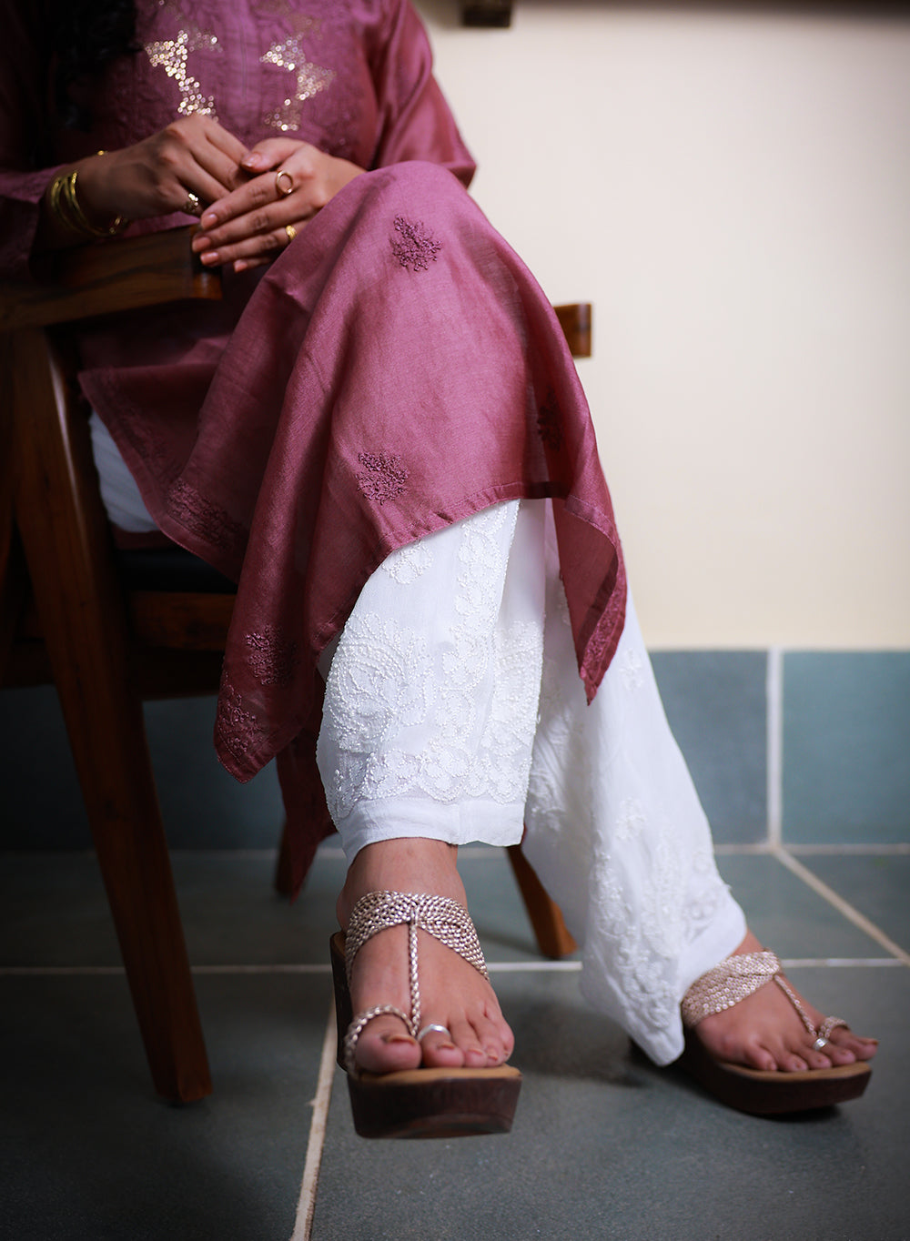 White - Viscose Chikankari Straight Pant With Side Design