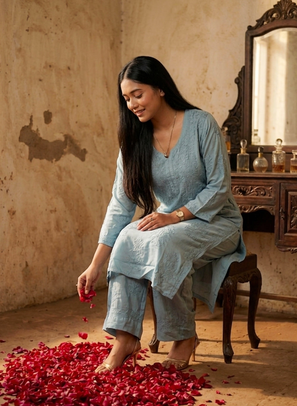 Seher Teal - Nargis Satin Chikankari Kurta & Palazzo Set