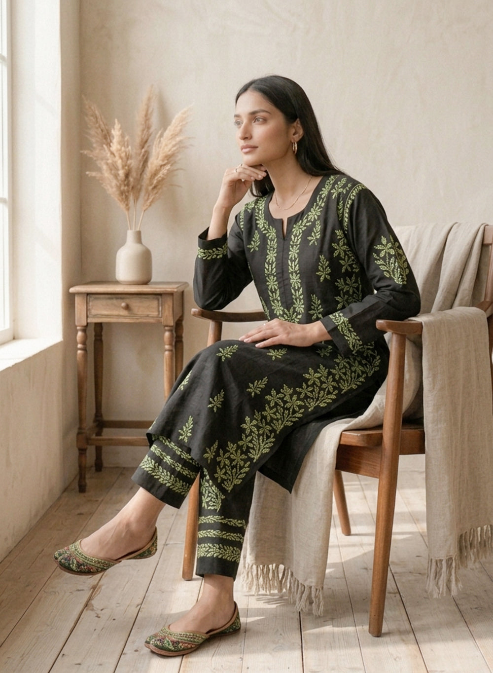 Sham - Pure Cotton Nargis Chikankari Co-ords Set With Green Ombre Thread Embroidery
