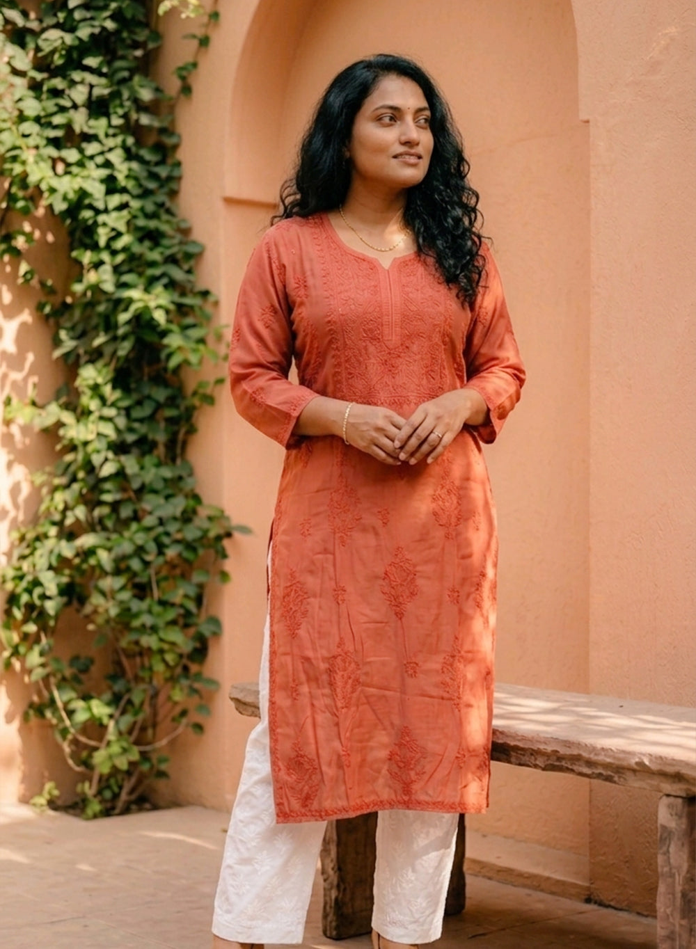 Brick -  Anjuman Muslin Chikankari Kurta With Katdana Work