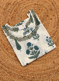 Pratha - Green & Blue Bahaar Printed Cotton Chikankari Kurta
