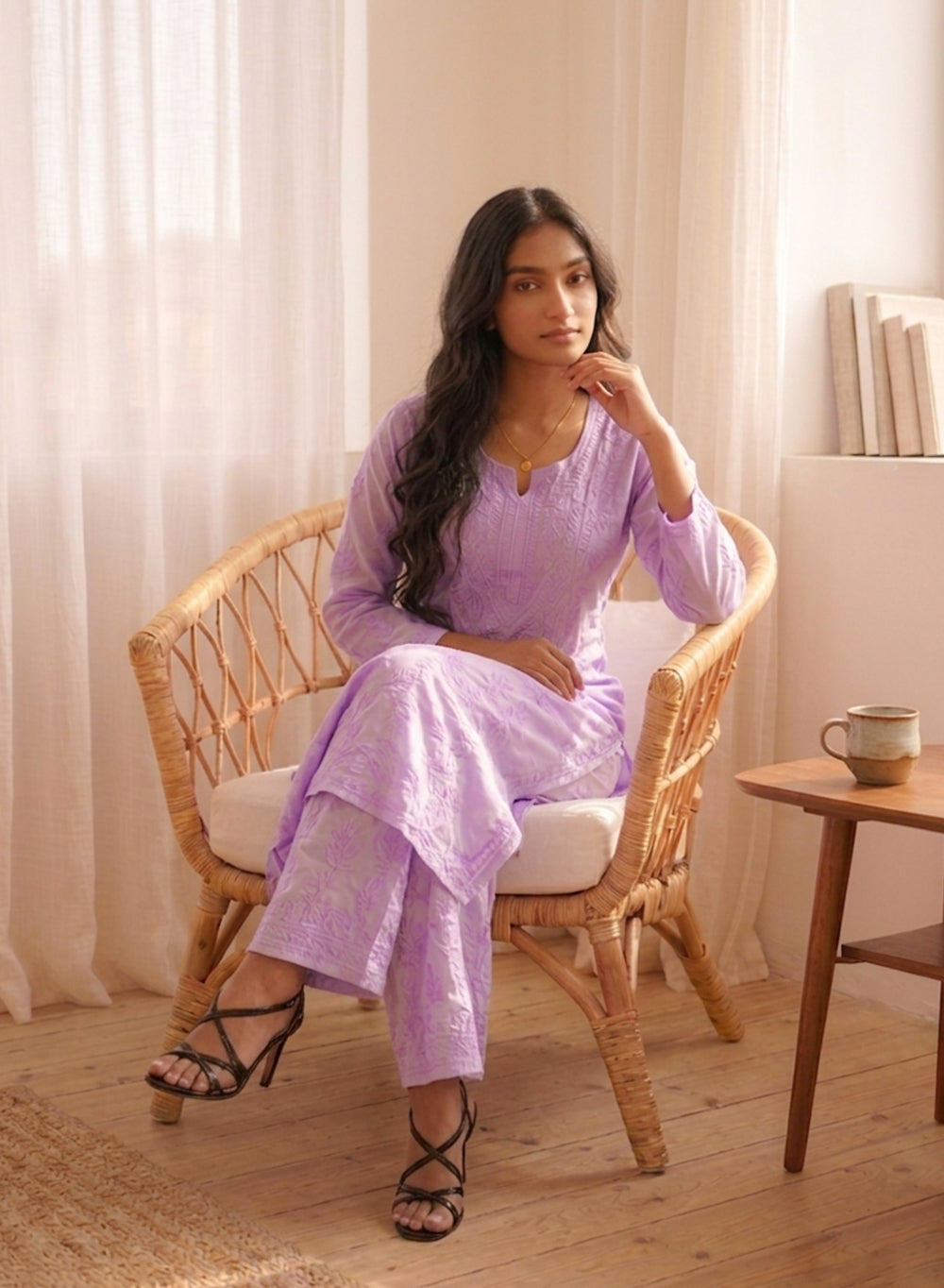 Saanjh Lilac - Nargis Muslin Chikankari Kurta & Palazzo Set