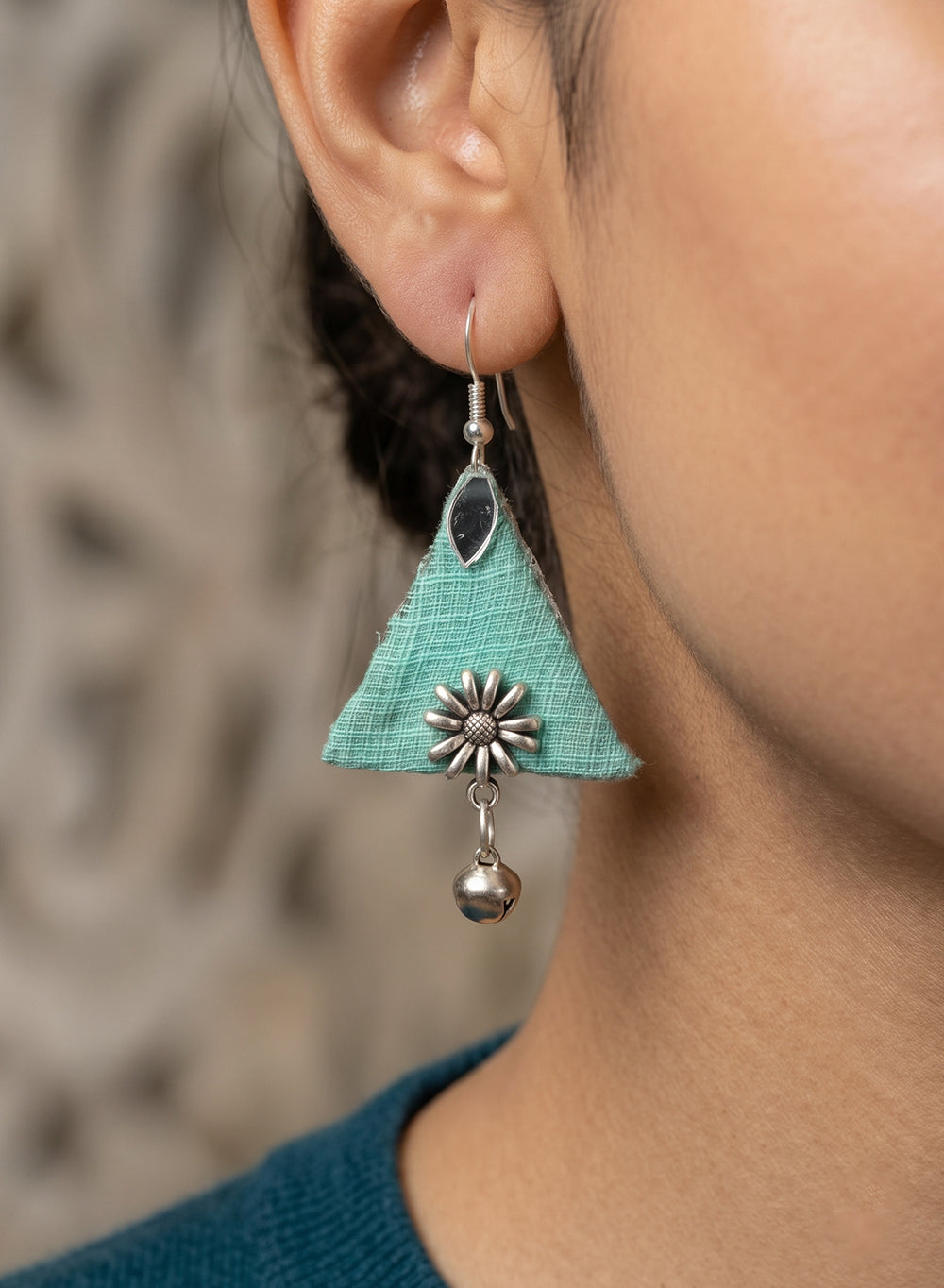 Turquoise Hand Embroidered and Handcrafted Fabric Triangle Earrings with Mirror & Ghungroo Detailing