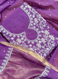 Purple - Nayaab Mul Chanderi Chikankari Dress Material With Moti & Katdana Work