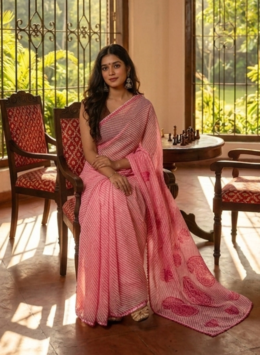 Fluorescent Pink Lehariya - Kota Aks Cotton Chikankari Saree