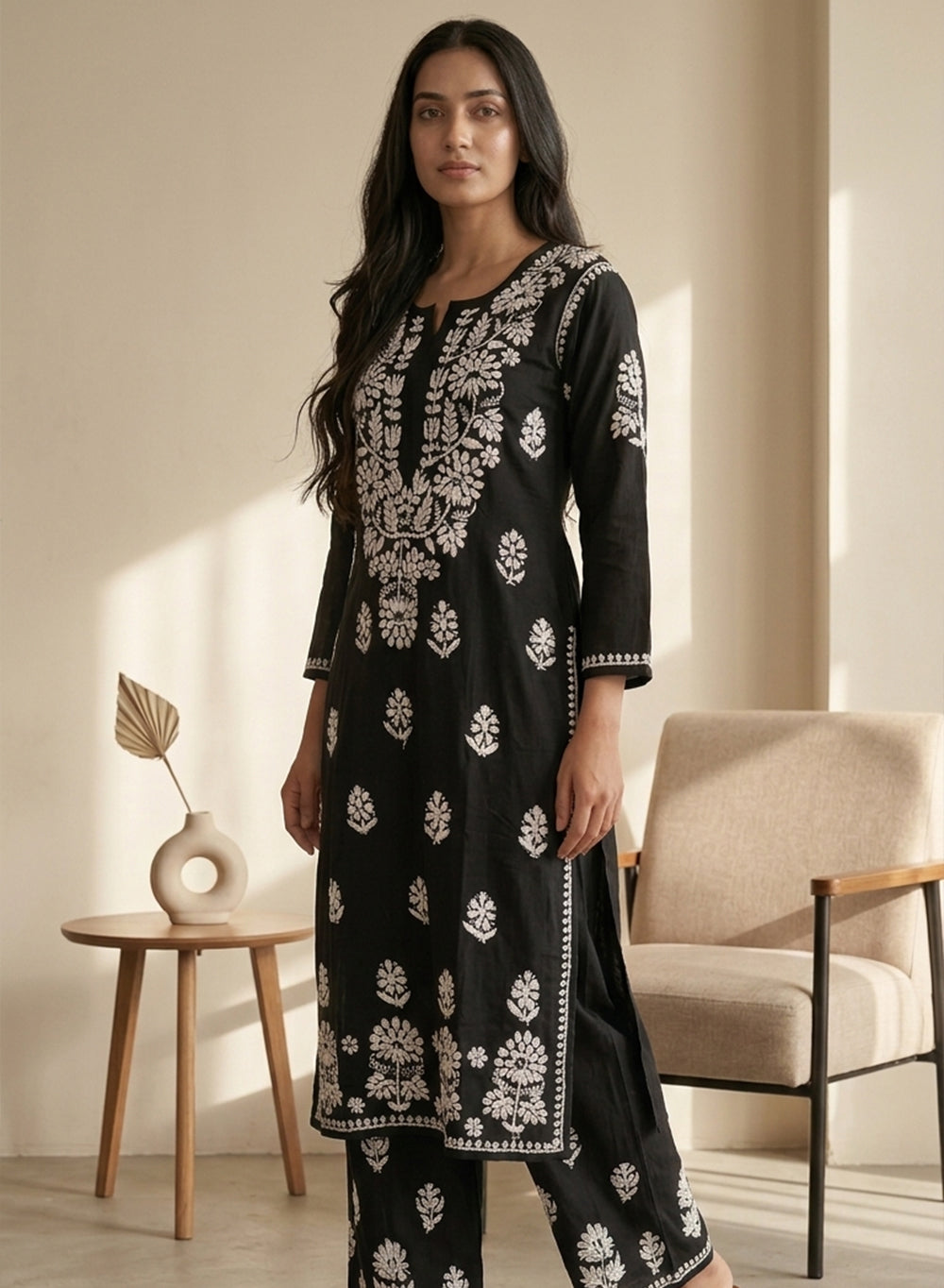 Black - Modal Nargis Chikankari Co-ords Set With White Thread Embroidery