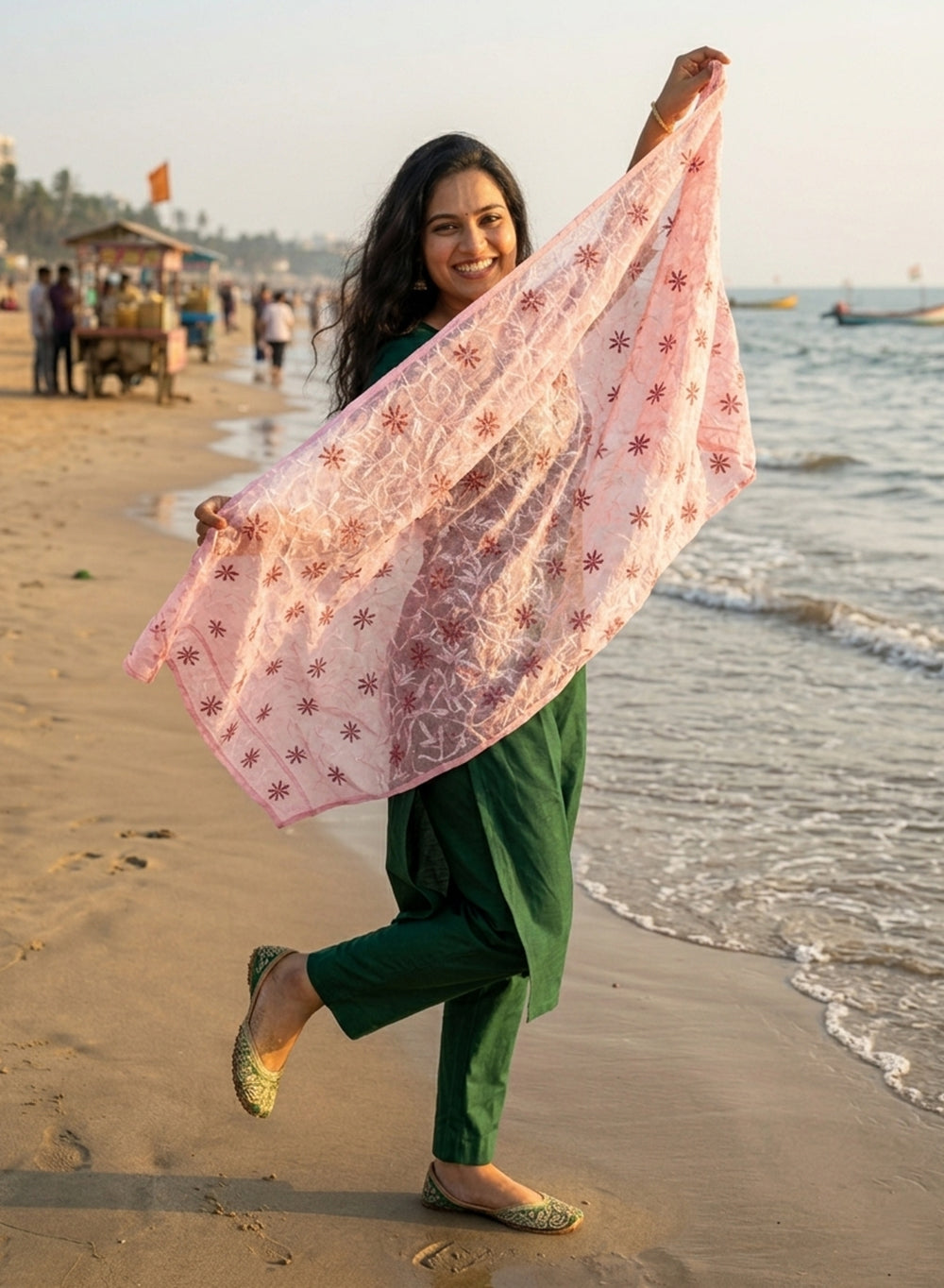 Peach Pink - Nazm Kota Cotton Chikankari Dupatta With Pink Thread Embroidery