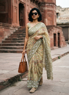 Aparajita Light Green - Aks Printed Kota Cotton Chikankari Saree