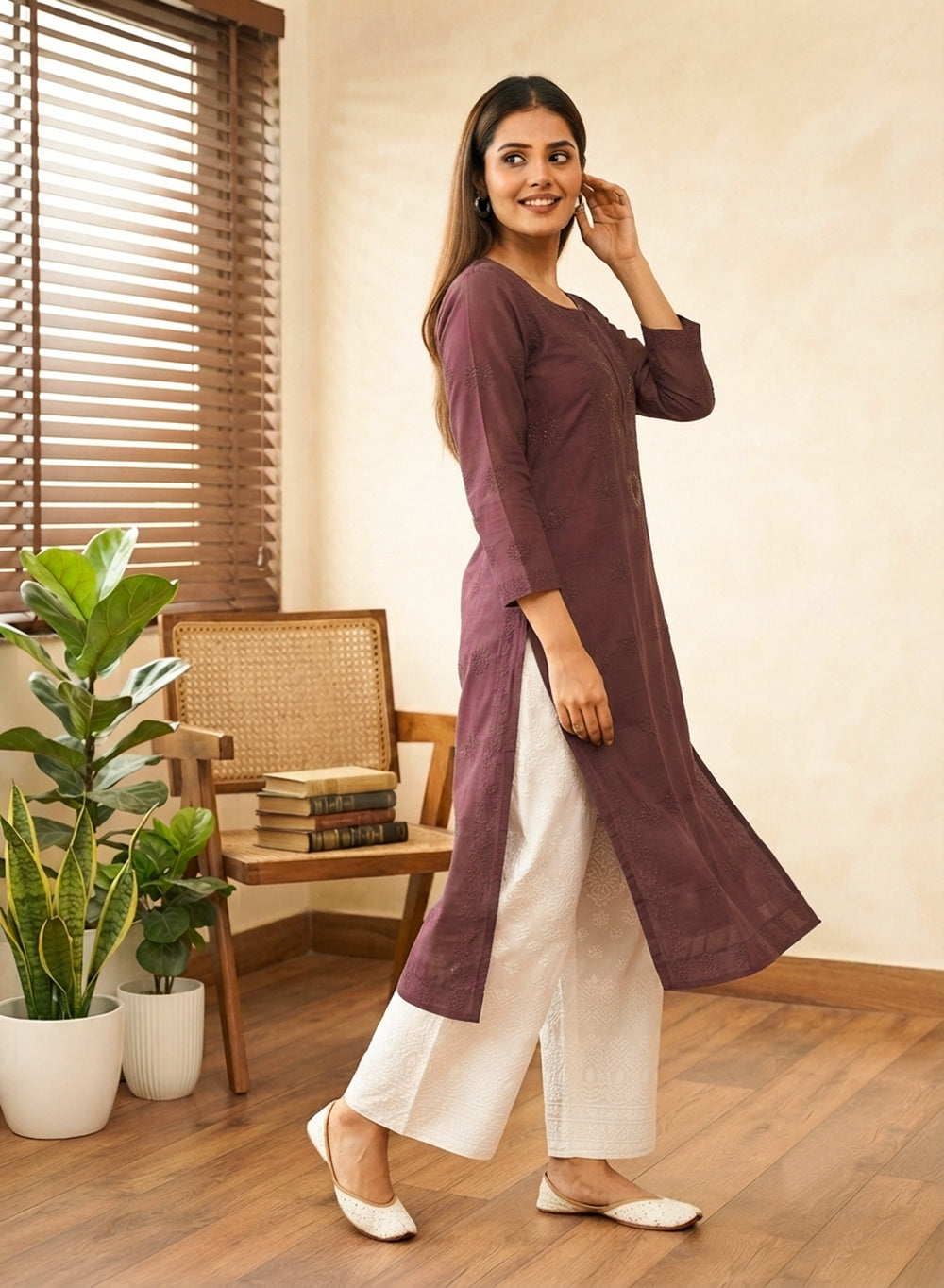 Swara Dark Brown - Anjuman Chanderi Cotton Chikankari Kurta