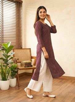 Swara Dark Brown - Anjuman Chanderi Cotton Chikankari Kurta