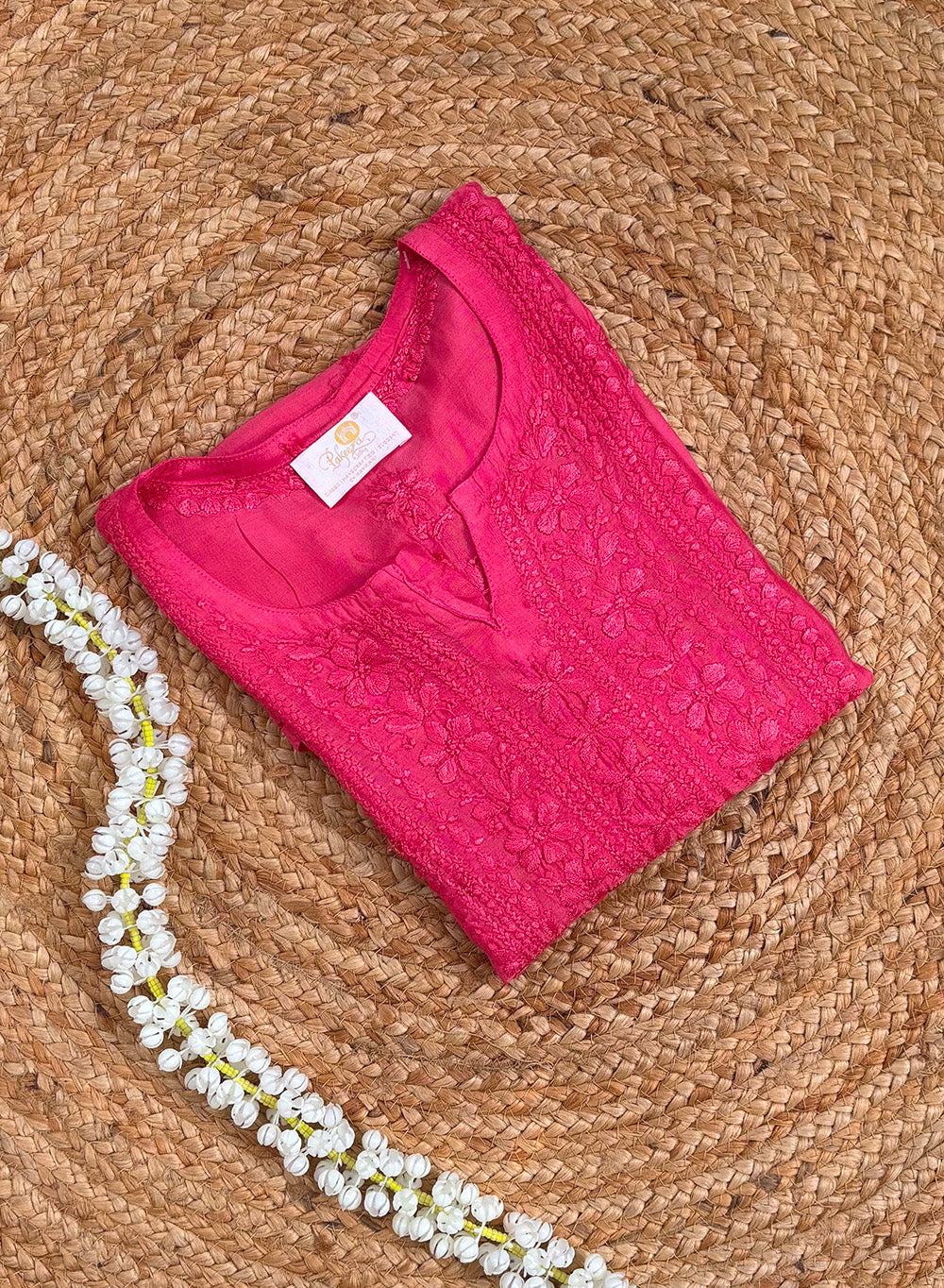 Dark Pink - Muslin Gulshan Chikankari Short Top