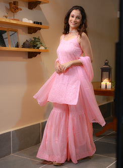 Kanak Pink - Nargis Viscose Noodle Strap Chikankari Kurta & Gharara Set