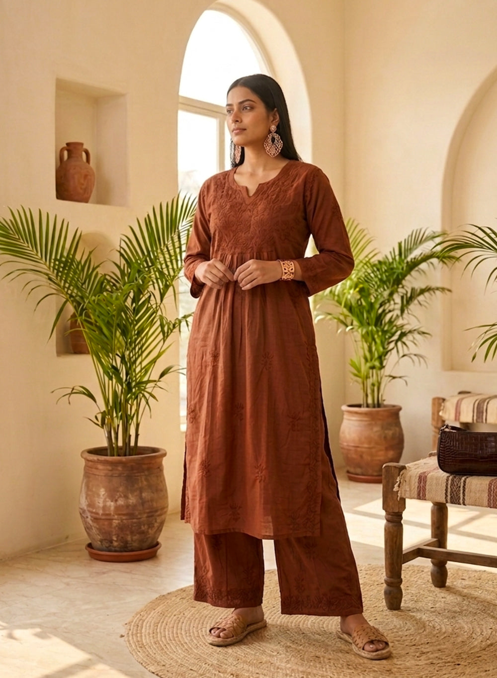 Saroj Lite – Brown Mul Cotton Chikankari Kurta & Palazzo Set