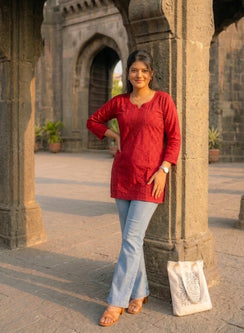 Red - Gulshan Muslin Shadow Work Chikankari Short Top
