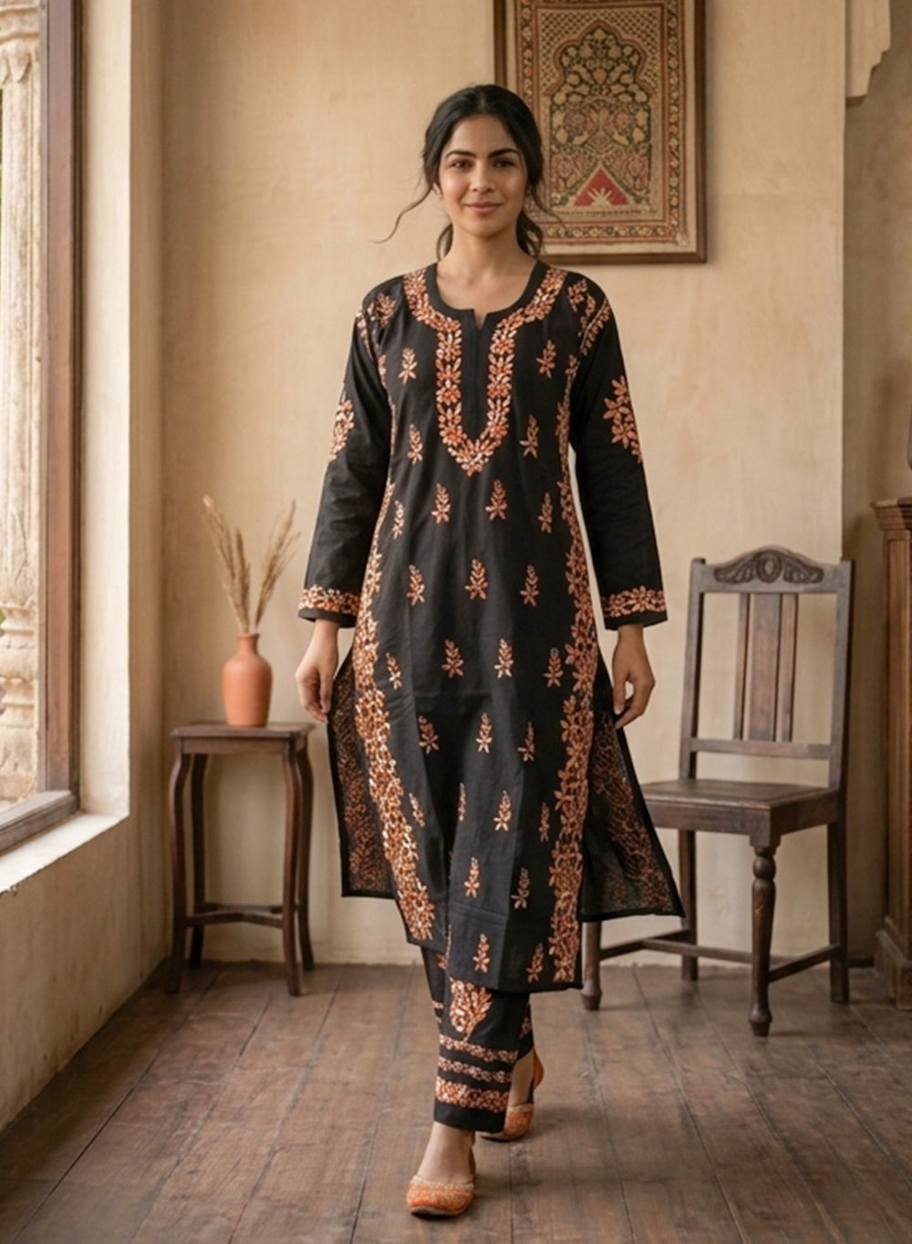 Sham - Pure Cotton Nargis Chikankari Co-ords Set With Orange Ombre Thread Embroidery