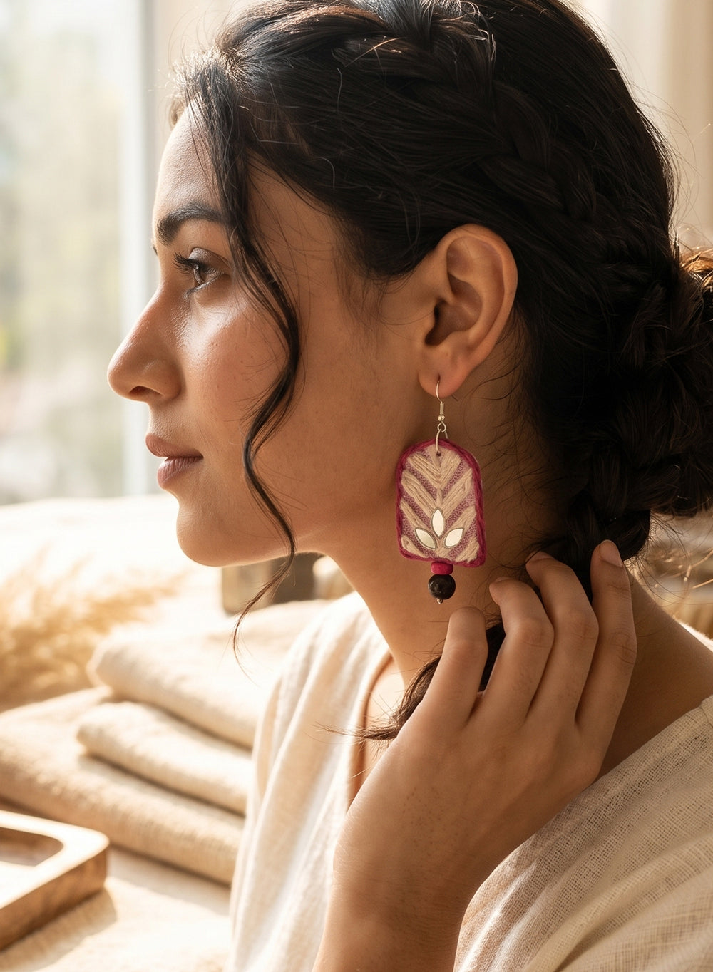Rani Pink Handcrafted Arch Fabric Dangler Earrings with Thread Embroidery & Mirror Motifs