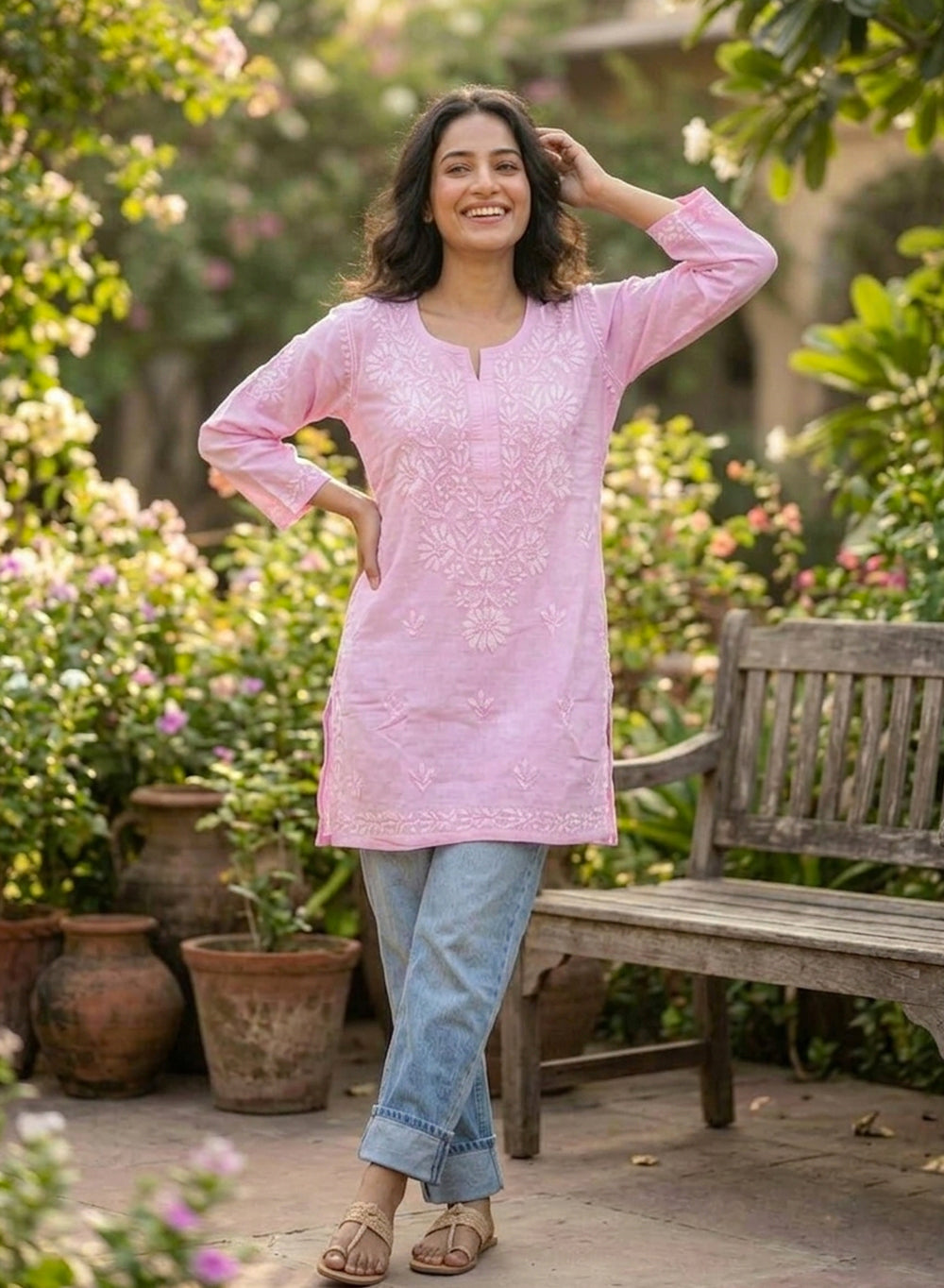 Baby Pink - Gulshan Linen Cotton Double Layered Chikankari Short Top