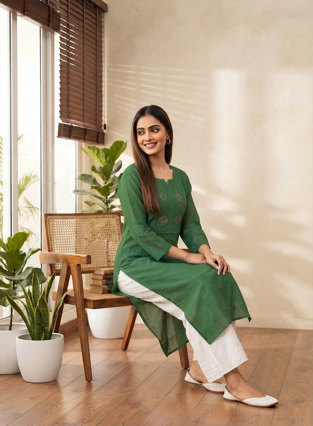 Swara Green - Anjuman Chanderi Cotton Chikankari Kurta