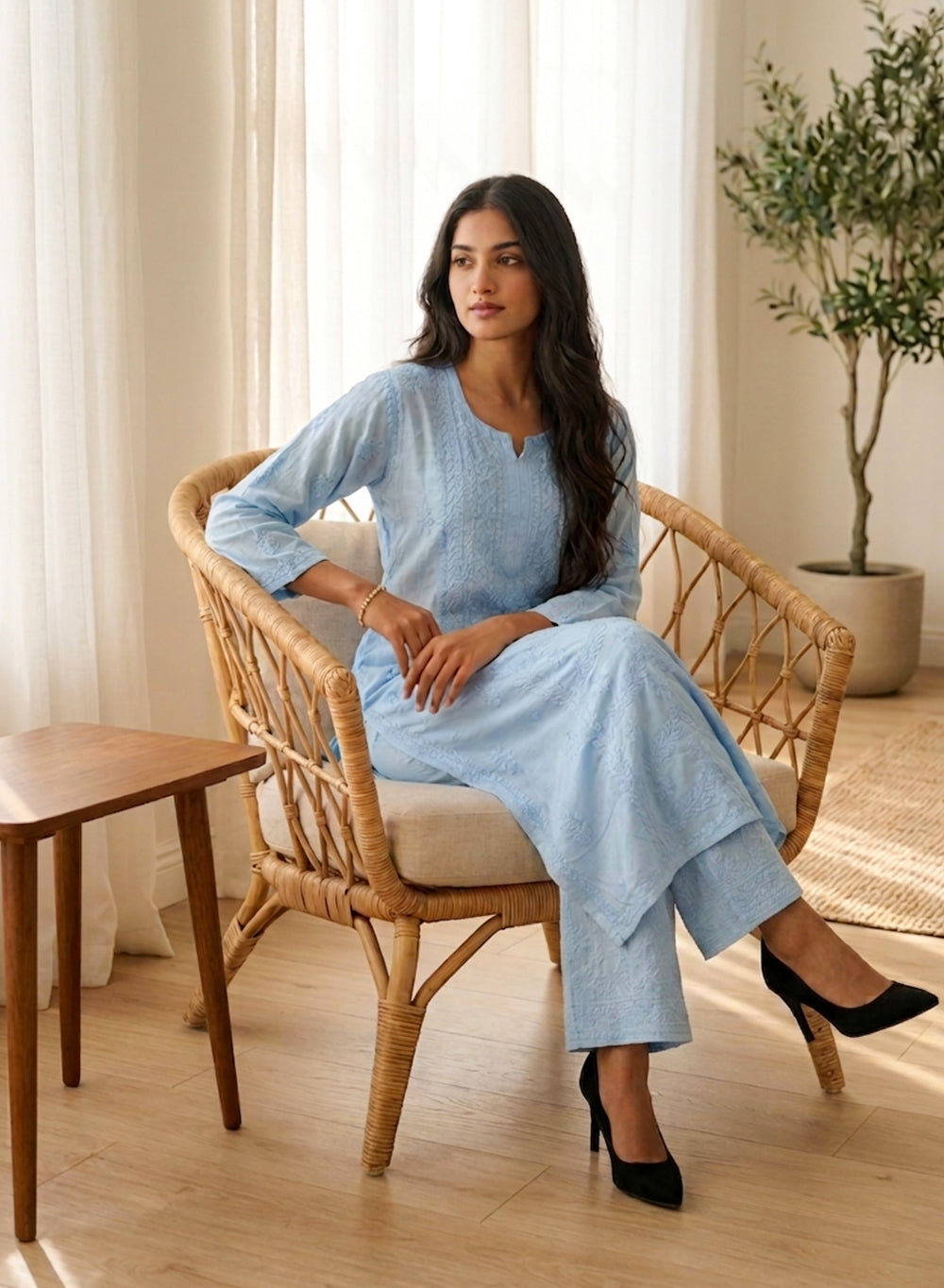 Saanjh Aqua Blue - Nargis Muslin Chikankari Kurta & Palazzo Set