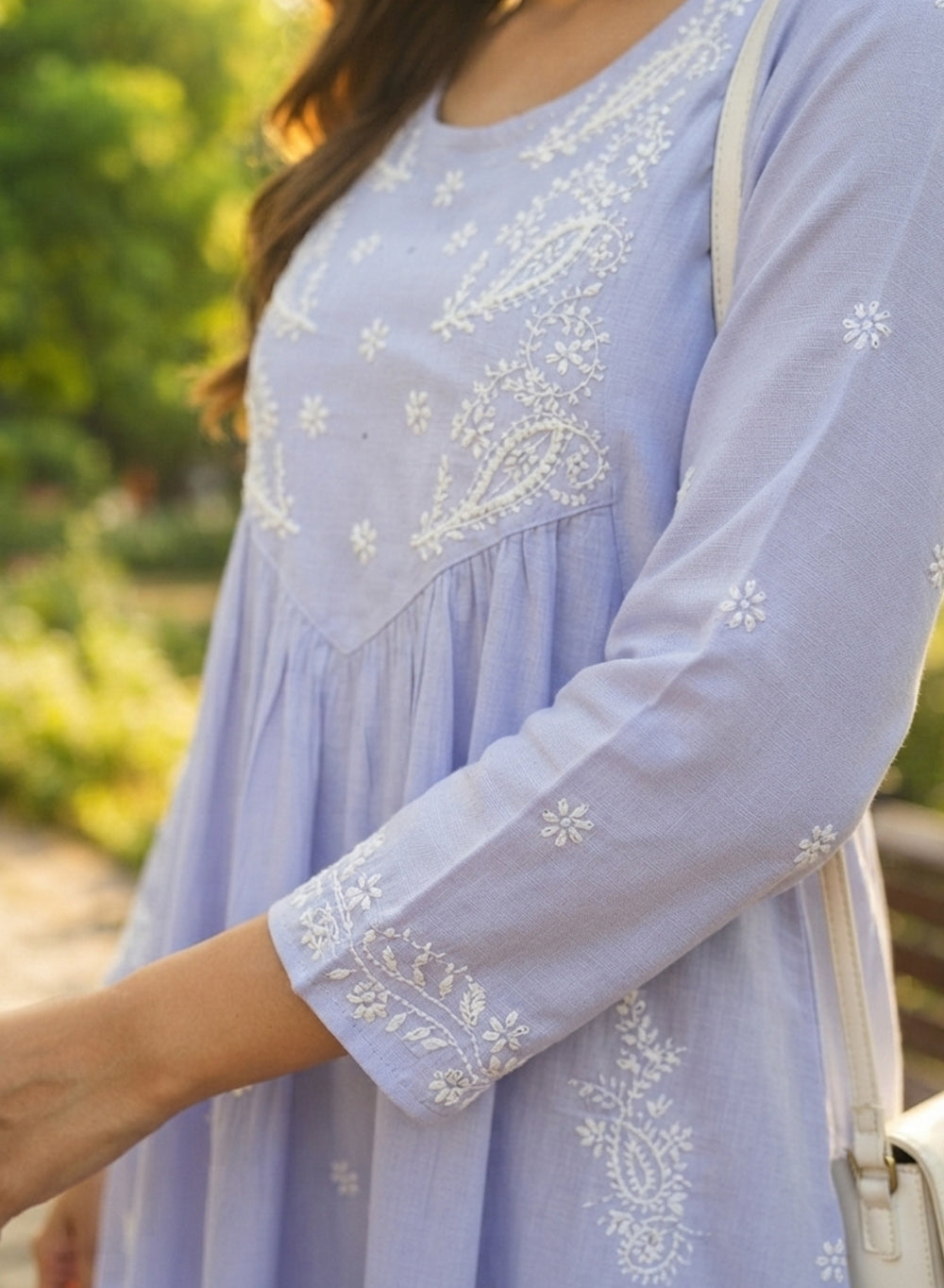 Saaz Powder Blue - Aarzoo Rayon Hand Embroidered Chikankari One Piece Dress With Mukaish Worksh Work