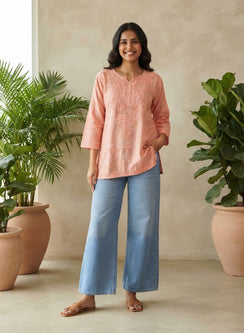 Coral - Gulshan Linen Cotton Double Layered Chikankari Short Top