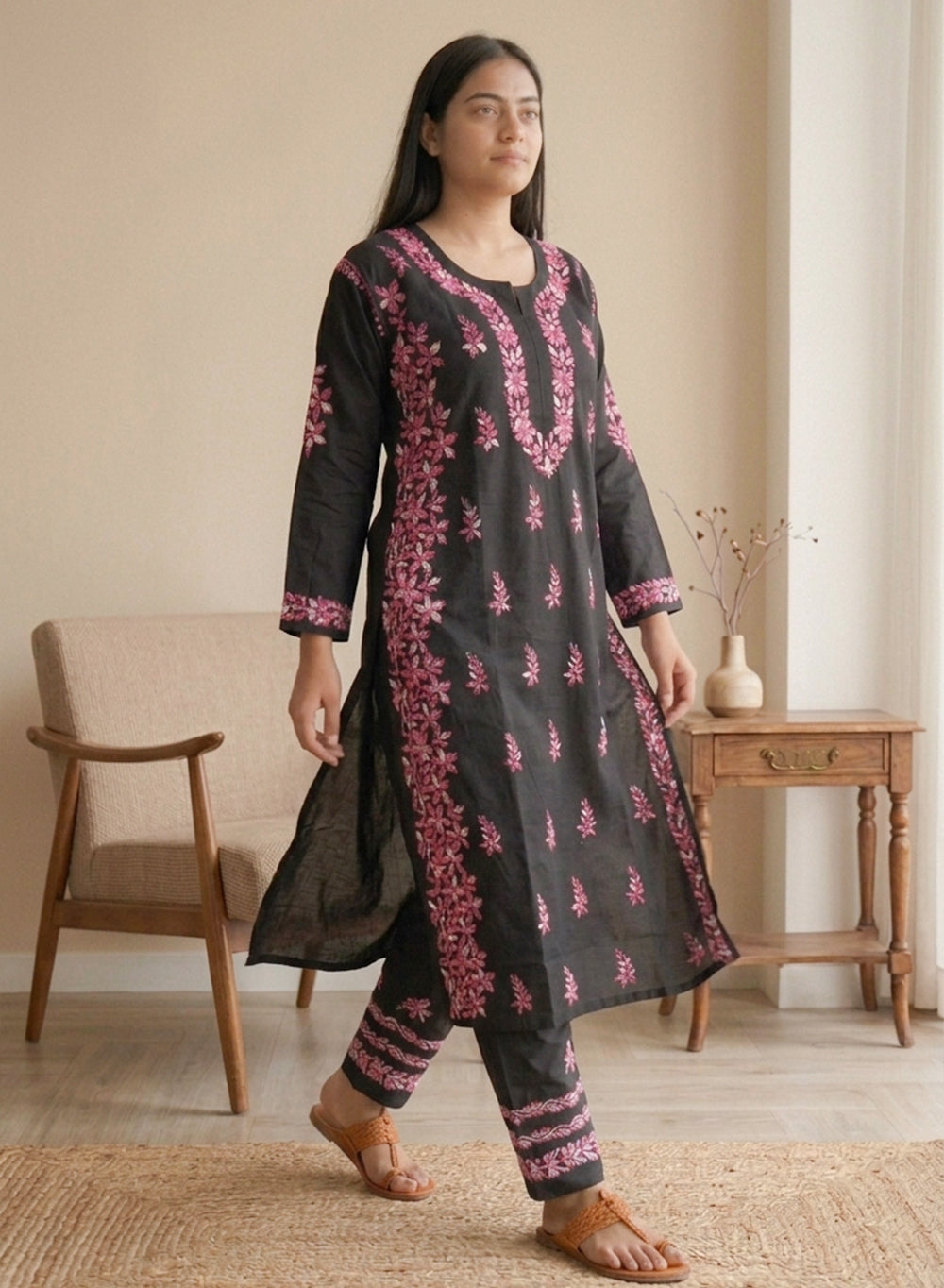 Sham - Pure Cotton Nargis Chikankari Co-ords Set With Pink Ombre Thread Embroidery