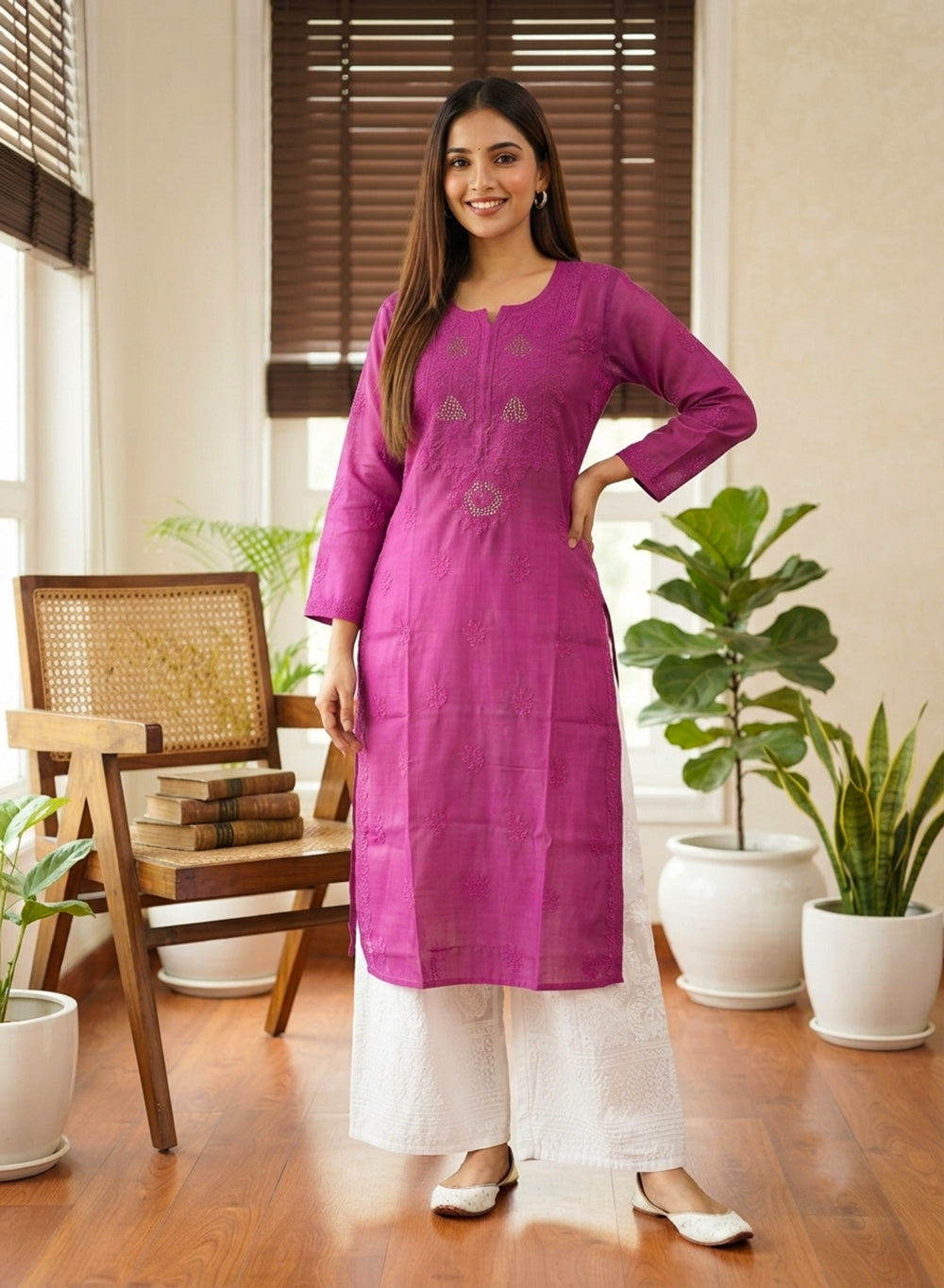 Swara Hot Pink - Anjuman Chanderi Cotton Chikankari Kurta