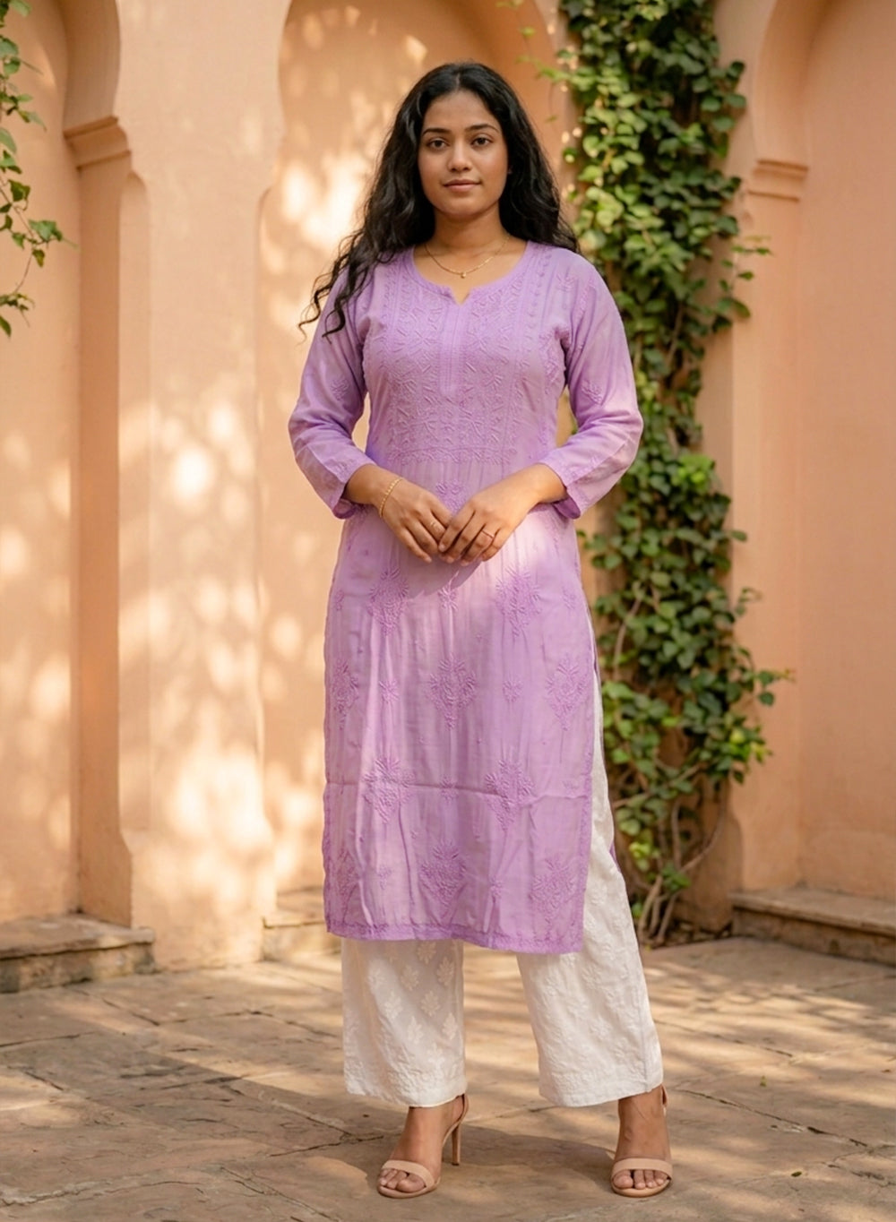 Lavender -  Anjuman Muslin Chikankari Kurta With Katdana