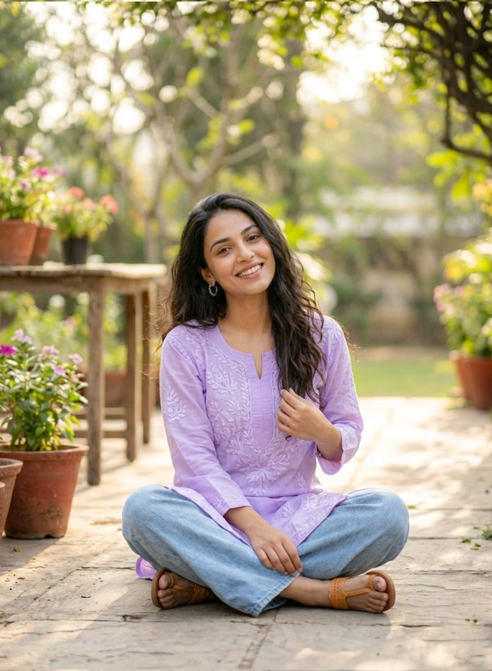 Lilac - Gulshan Linen Cotton Double Layered Chikankari Short Top