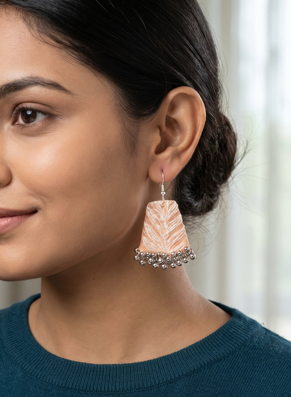 Peach Handcrafted Asymmetric Fabric Dangler Earrings with Ghungroo Fringe